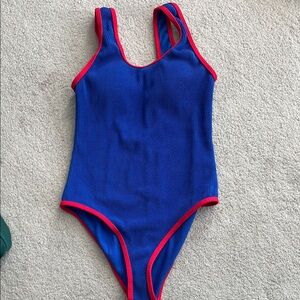 New Blue Ribbed One-Piece Swimsuit with Red Trim